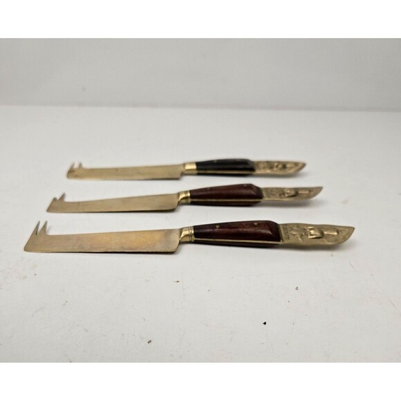 3 Vintage Pronged Cheese Knives Buddha Bronze Brass Rosewood Siam Thailand 6” - Picture 5 of 7